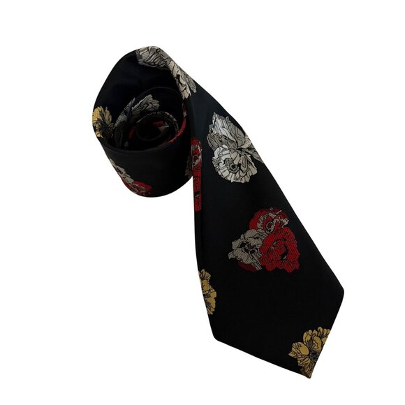 Vintage Montgomery Ward Black Red White Yellow Floral Tie Polyester Mens Necktie - Picture 1 of 7